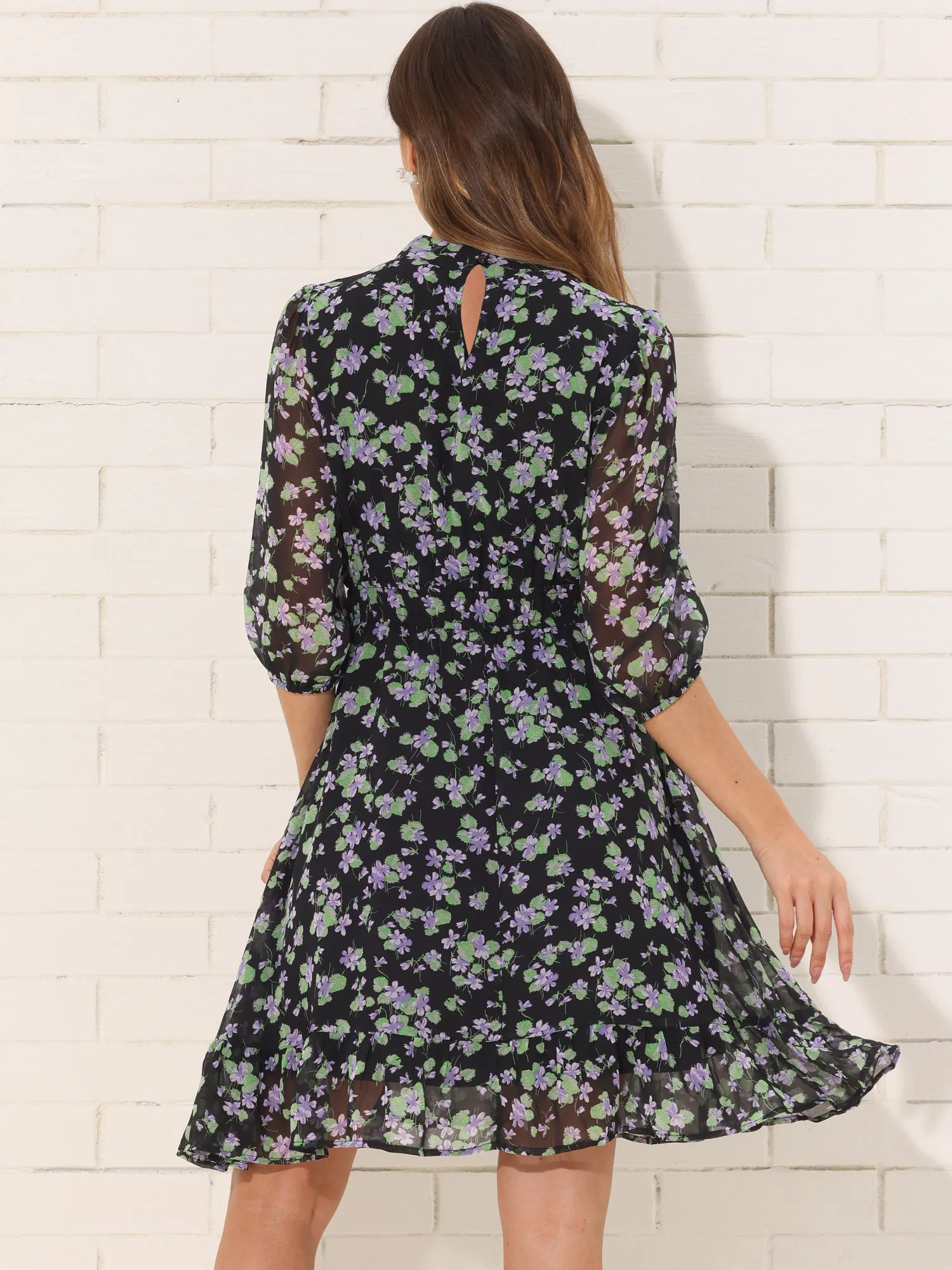 Floral Casual Mock Neck Chiffon A-Line Midi Dress sold by Allegra K product image thumbnail 3