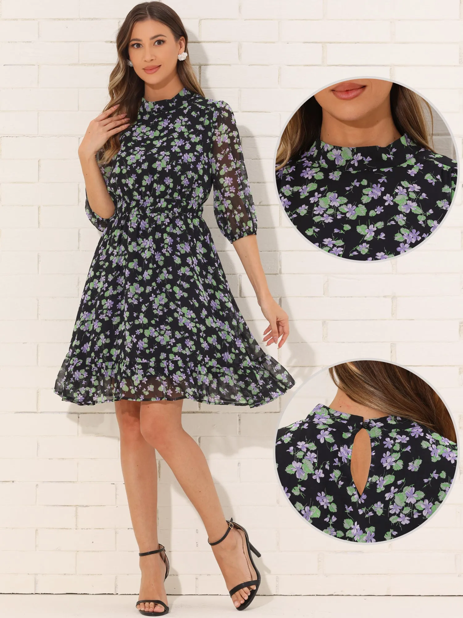 Floral Casual Mock Neck Chiffon A-Line Midi Dress sold by Allegra K product image thumbnail 2