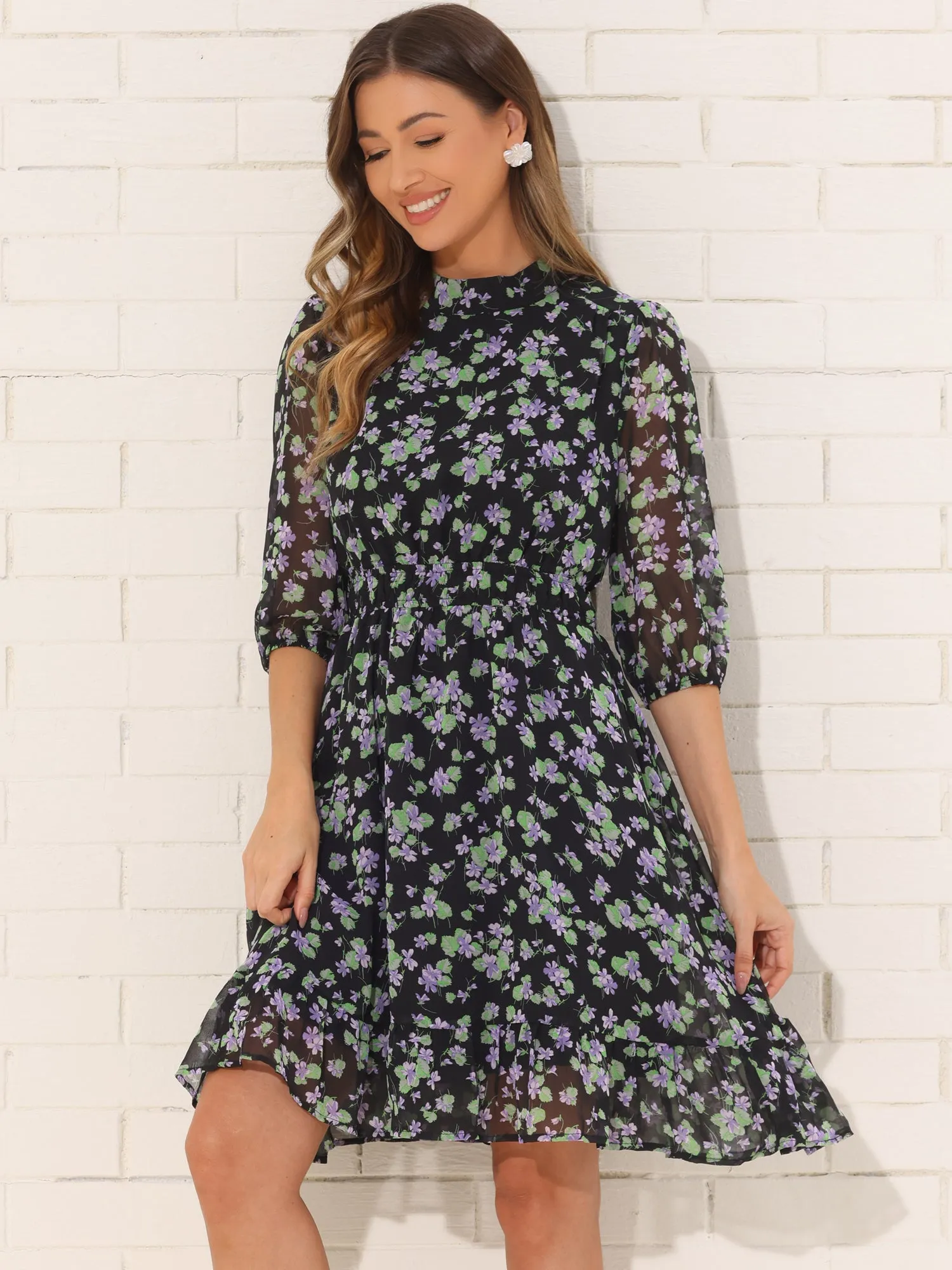 Floral Casual Mock Neck Chiffon A-Line Midi Dress sold by Allegra K