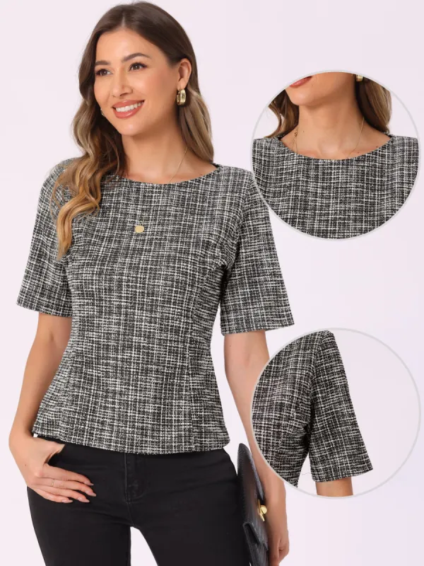 Tweed Round Neck Short Sleeve Pullover Work Office Blouse sold by Allegra K