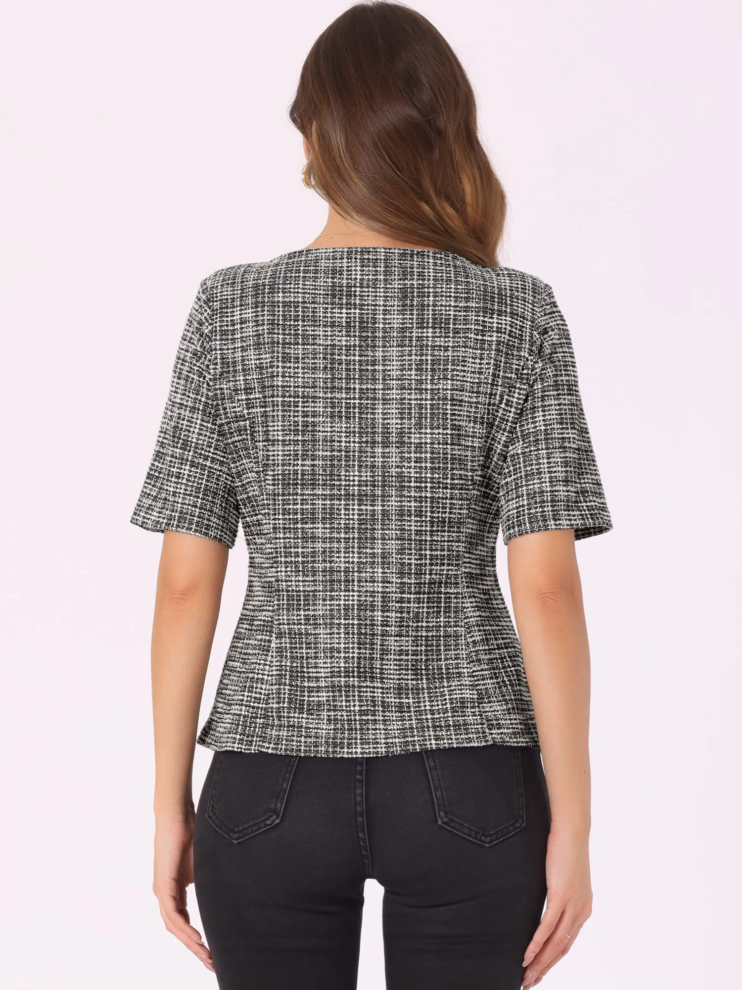 Tweed Round Neck Short Sleeve Pullover Work Office Blouse sold by Allegra K product image thumbnail 3