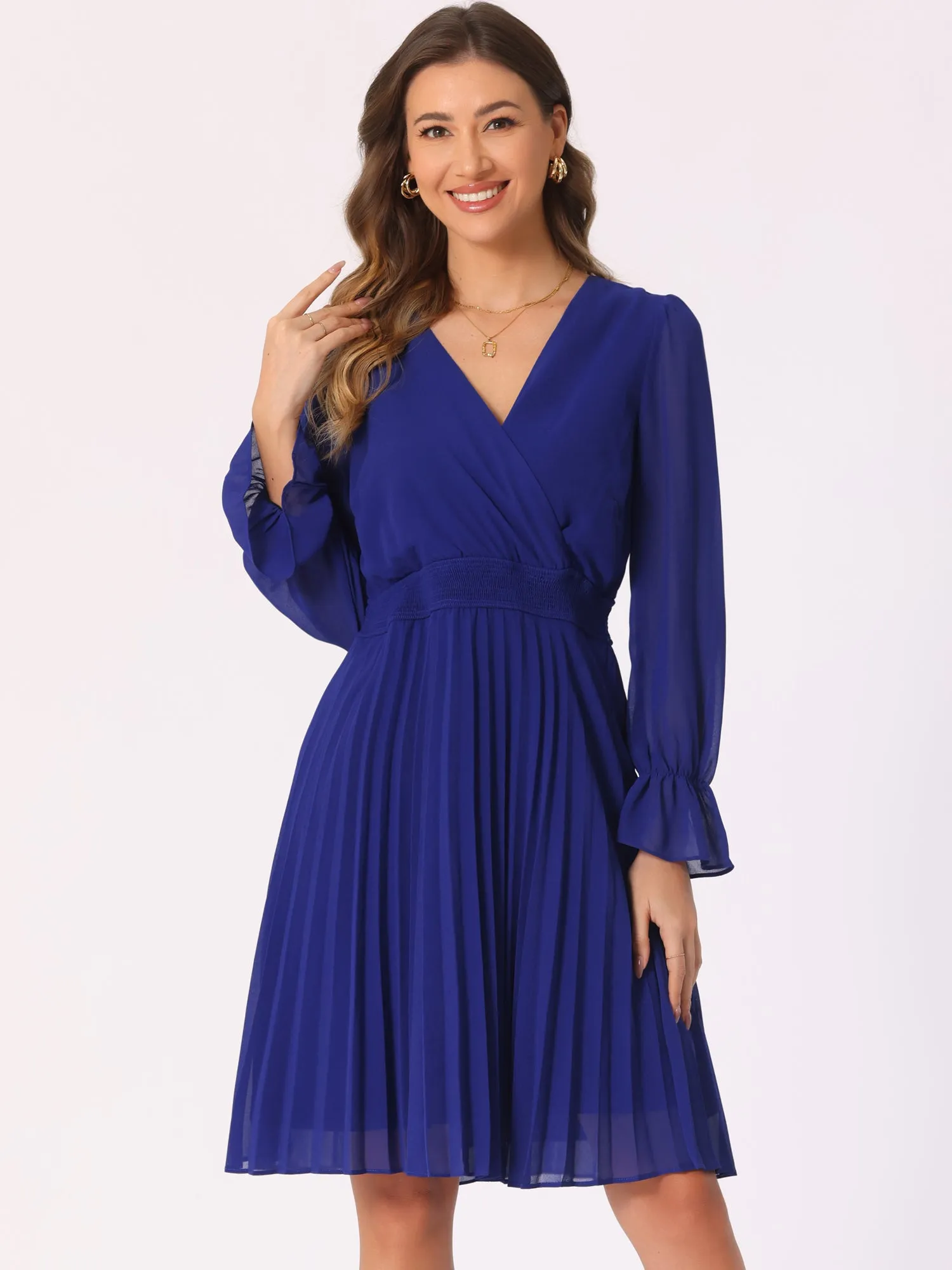 Women's V-Neck Midi Sheath Dress with Pleated Hem and Front Slit