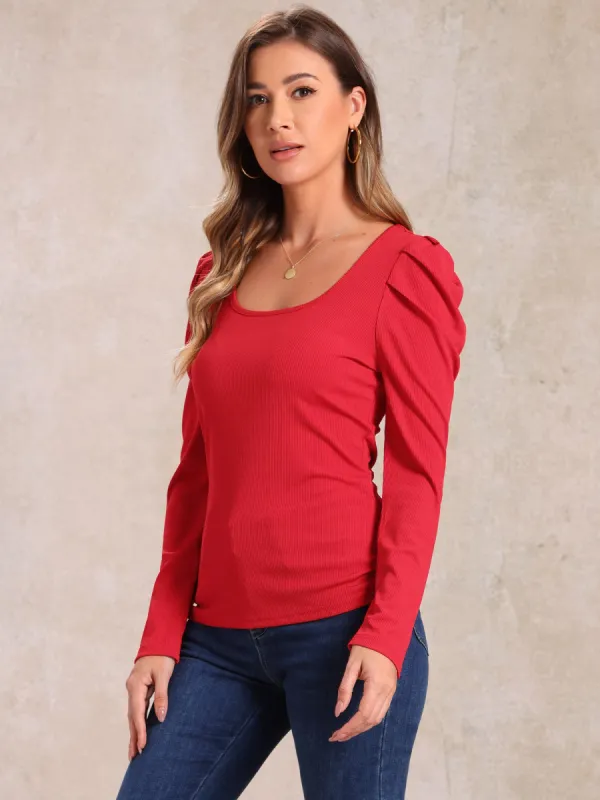 Puff Sleeve Square Neck Long Sleeve Ribbed Knit Blouse sold by Allegra K