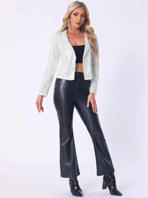 Sparkly Sequin Open Front Shawl Collar Cropped Jacket sold by Allegra K