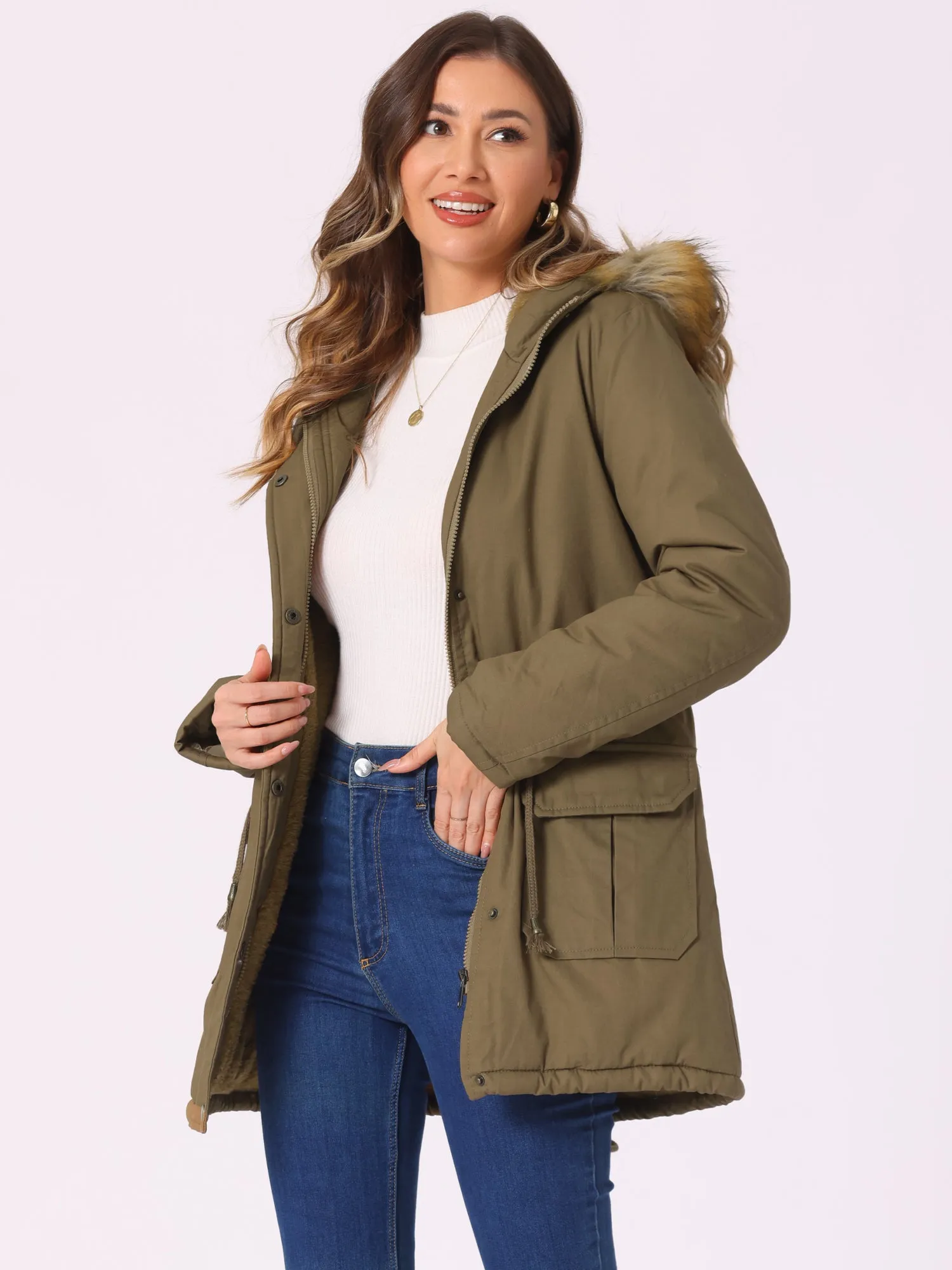 Long Sleeves Windproof Faux Fur Hooded Parka Jacket sold by Allegra K product image thumbnail 2