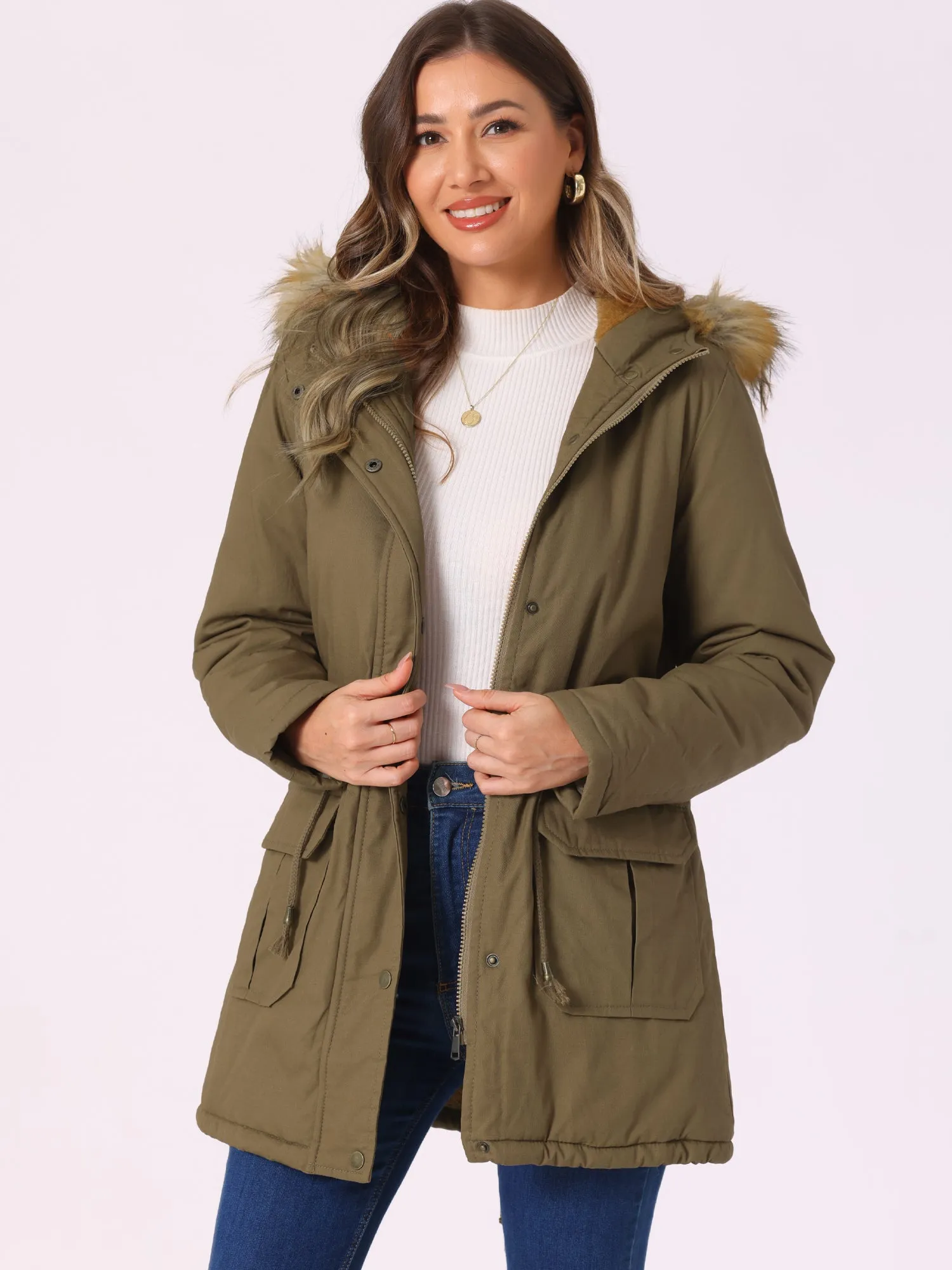 Long Sleeves Windproof Faux Fur Hooded Parka Jacket sold by Allegra K