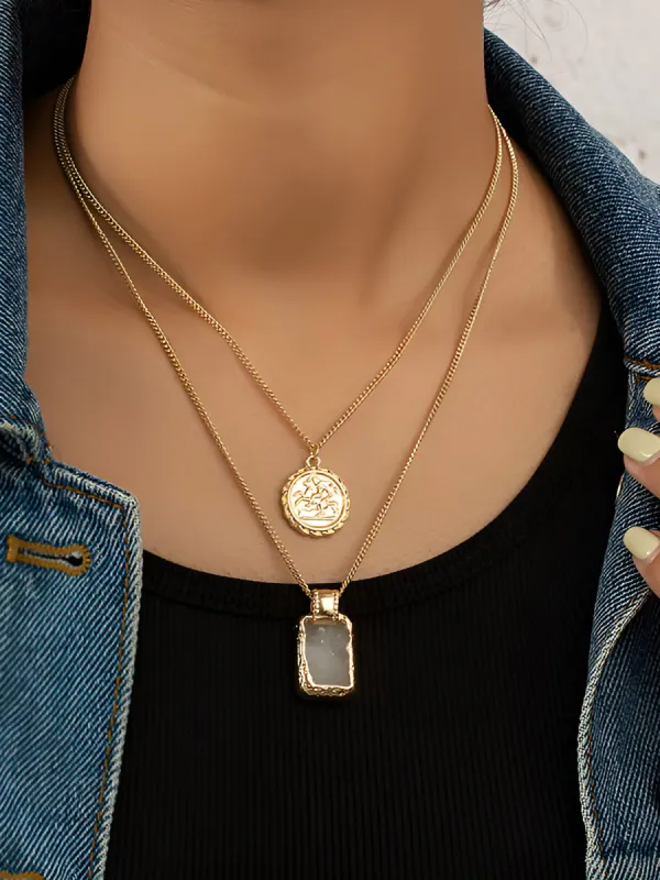 Double Layer Gold-Toned Alloy Round Pendant Necklace sold by Allegra K