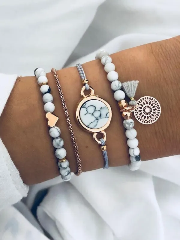 4 Pieces Natural Stone Alloy Tassel Bracelet Set made by Allegra K
