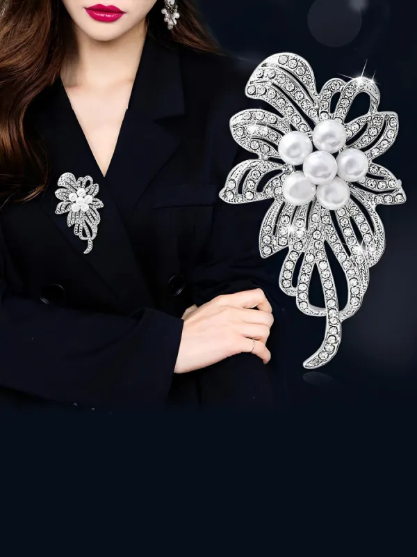 Floral Shape Faux Rhinestone Pearl Brooch made by Allegra K