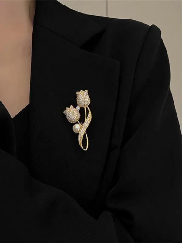 Tulip Shape Alloy Faux Rhinestones Pearl Brooch sold by Allegra K