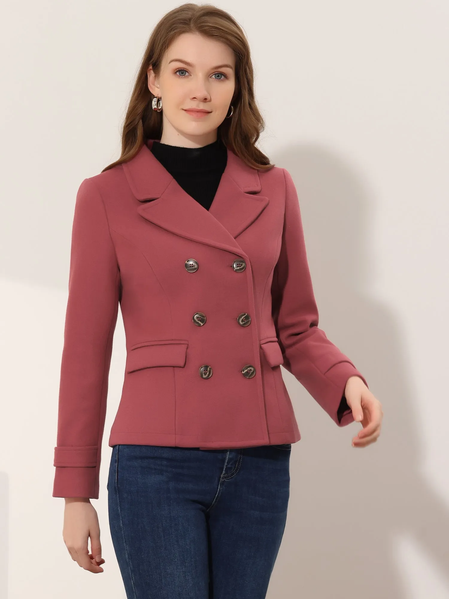 Notched Lapel Double Breasted Short Winter Pea Coat sold by Allegra K product image thumbnail 2