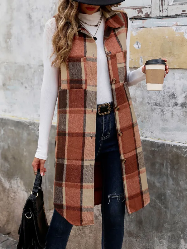Brushed Collared Sleeveless Plaid Button Down Vest sold by Allegra K