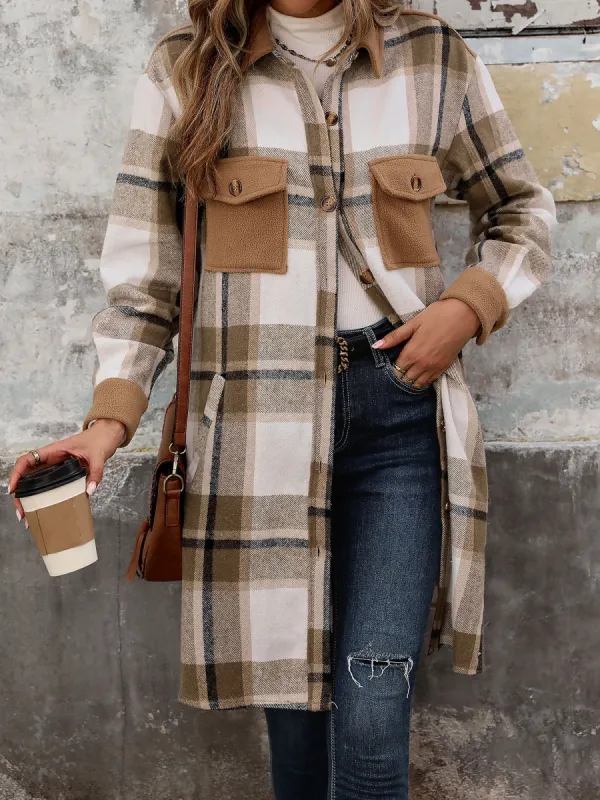 Brushed Long Sleeves Plaid Shacket Shirt Jacket sold by Allegra K