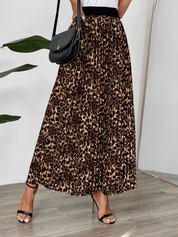Pleated Leopard Elastic Waist Midi A-Line Casual Skirt sold by Allegra K