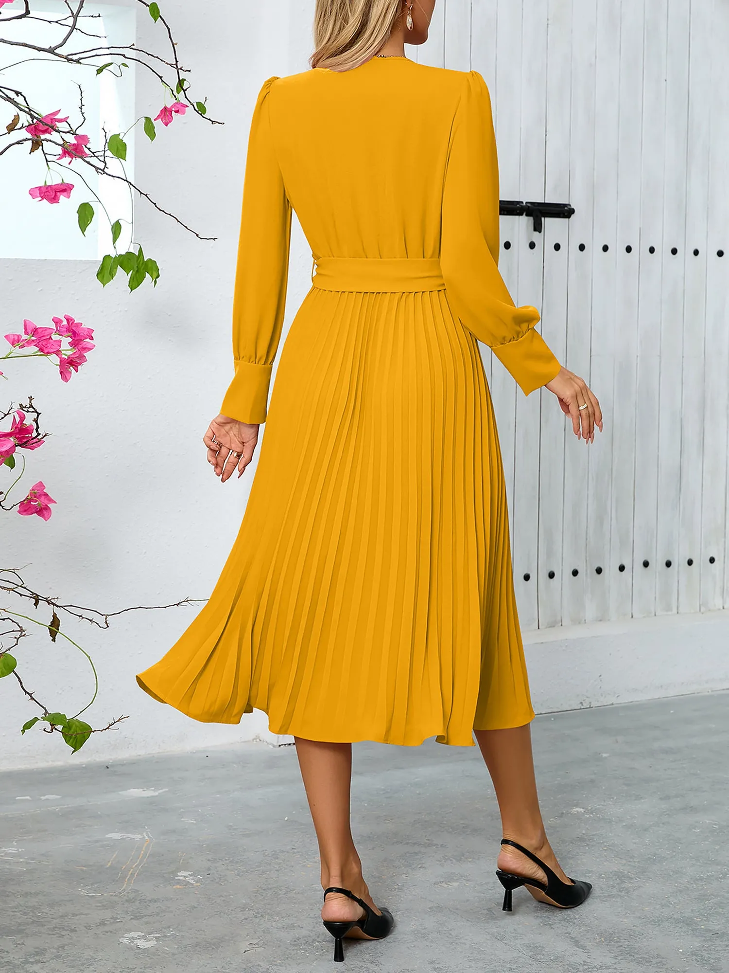 Elegant V Neck Long Sleeves Flutter Pleats Belted A-Line Midi Office Dress sold by Allegra K product image thumbnail 5