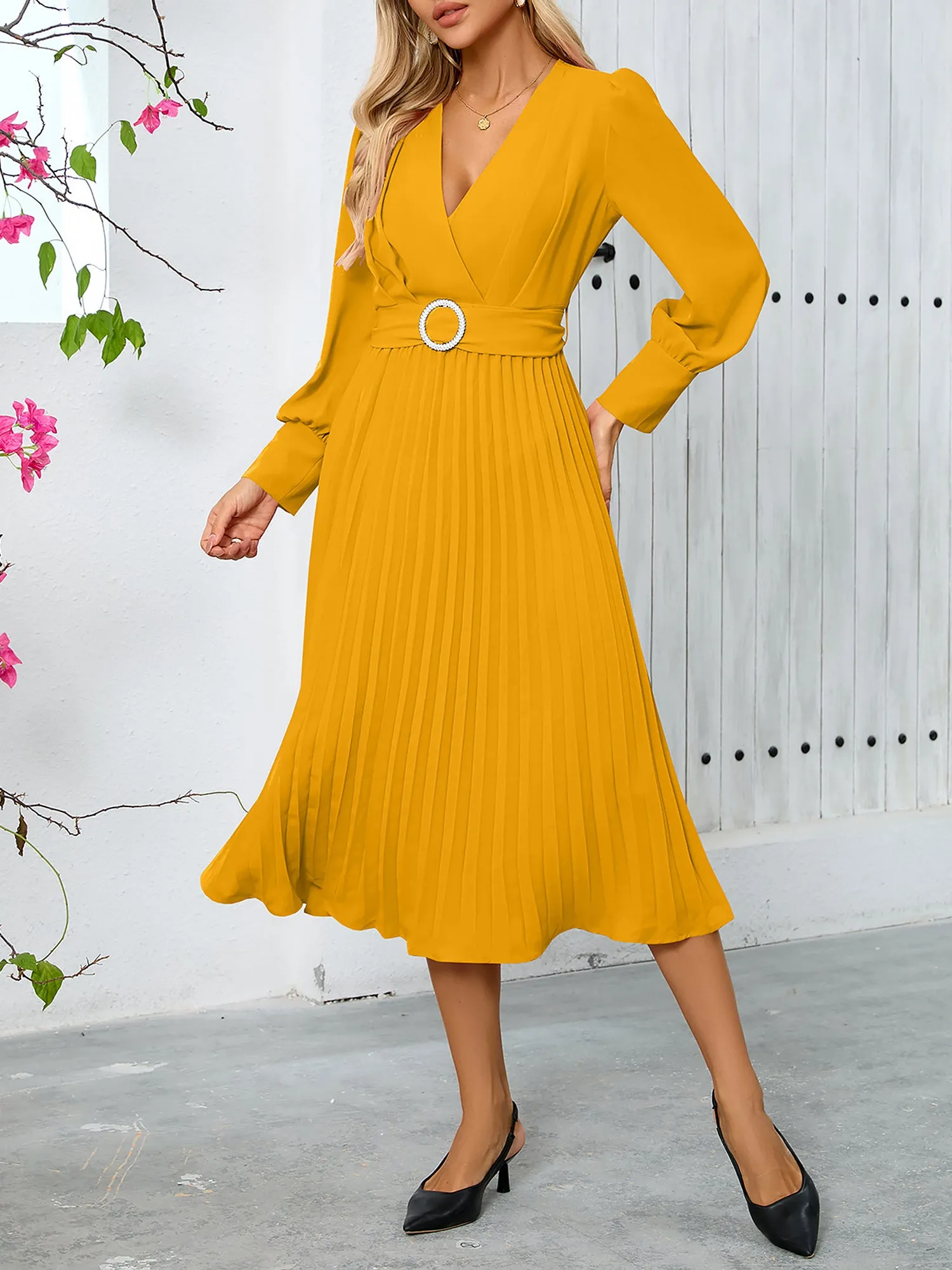 Elegant V Neck Long Sleeves Flutter Pleats Belted A-Line Midi Office Dress sold by Allegra K product image thumbnail 2