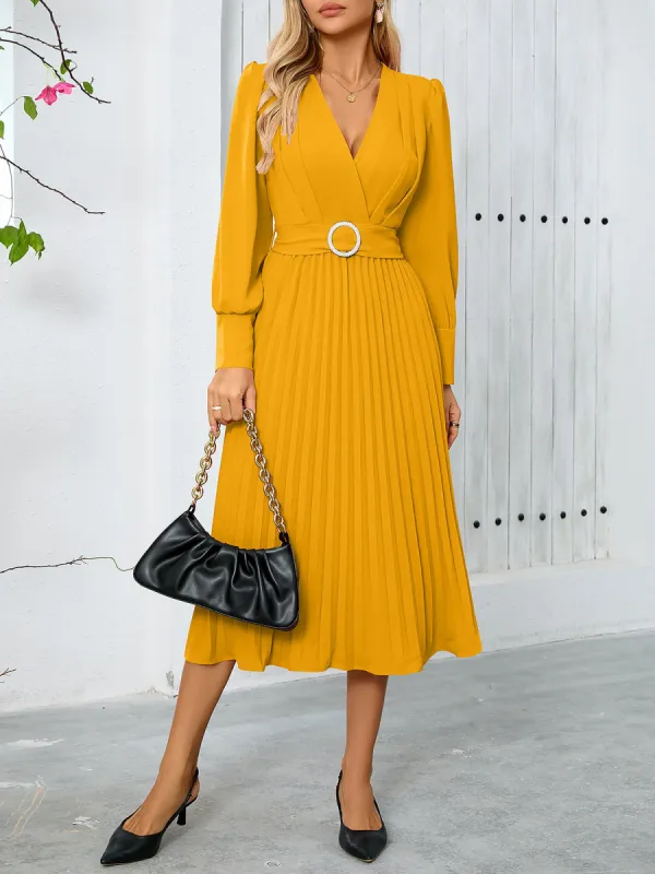 Elegant V Neck Long Sleeves Flutter Pleats Belted A-Line Midi Office Dress sold by Allegra K