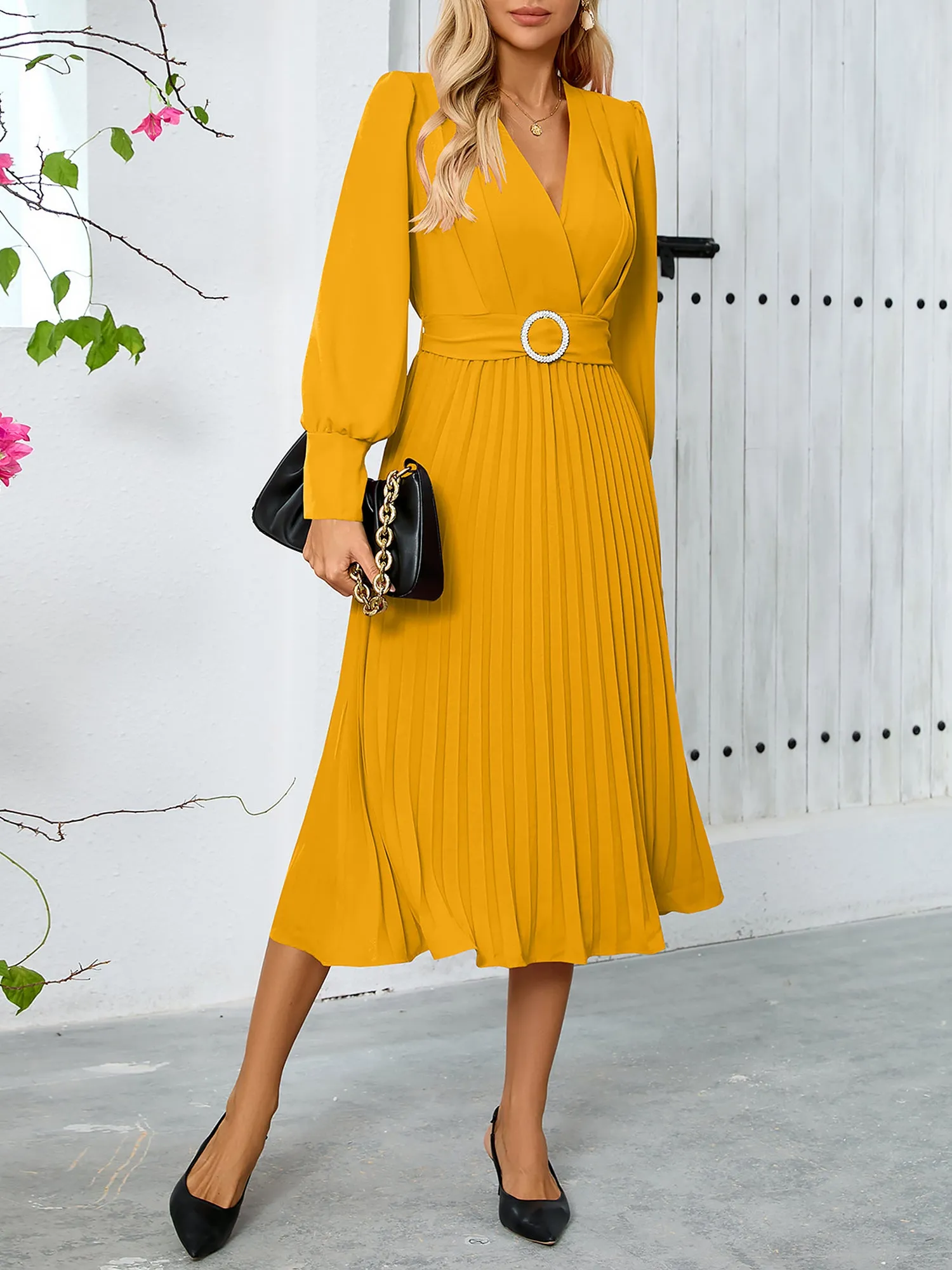 Elegant V Neck Long Sleeves Flutter Pleats Belted A-Line Midi Office Dress sold by Allegra K product image thumbnail 4