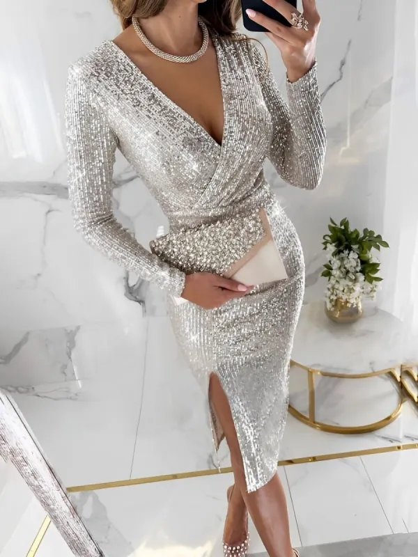 Sequin Glitter Silt Long Sleeves Bodycon Midi Dress sold by Allegra K