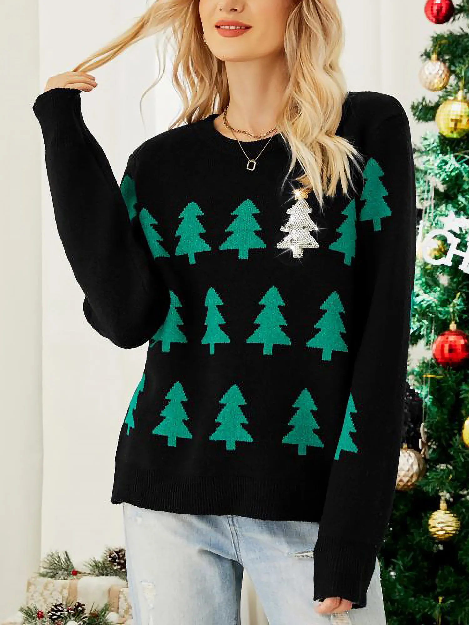Christmas Tree Sequin Pullover Long Sleeve Sweater sold by Allegra K