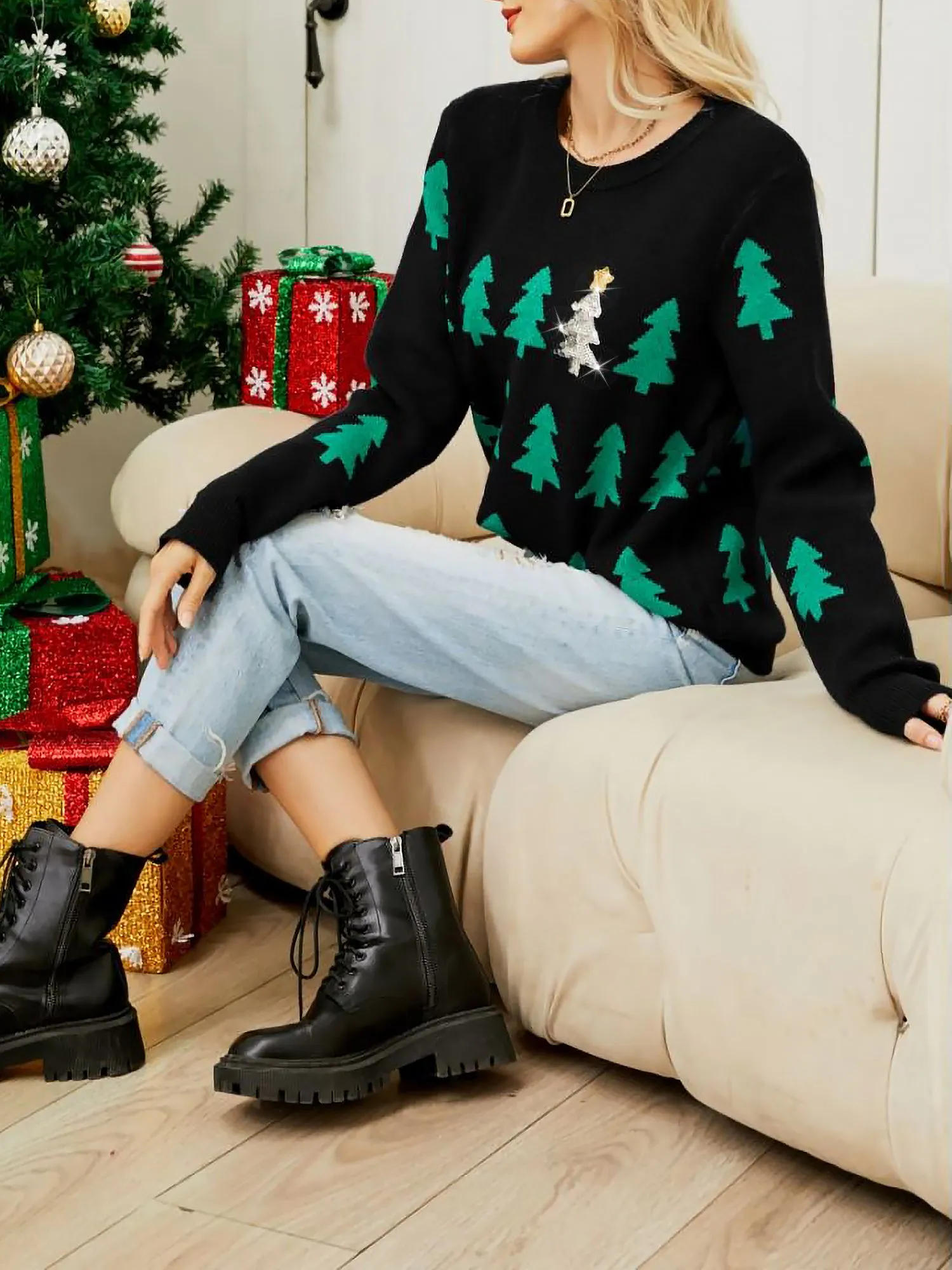 Christmas Tree Sequin Pullover Long Sleeve Sweater sold by Allegra K product image thumbnail 2
