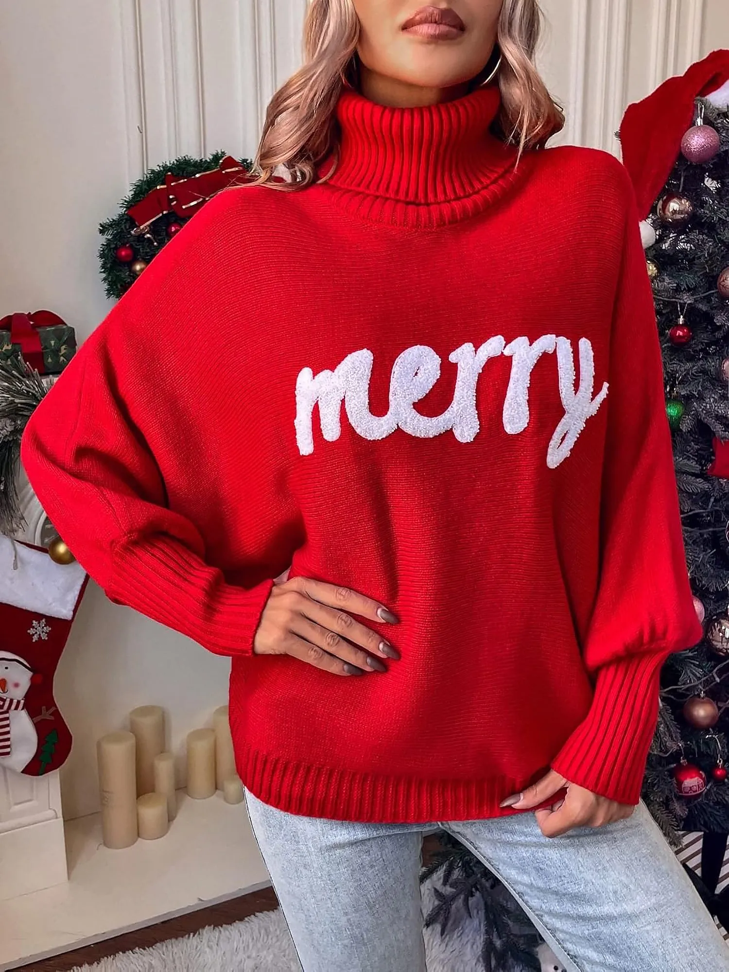 Merry Christmas Loose Bat Sleeve Turtle Neck Sweater sold by Allegra K product image thumbnail 4
