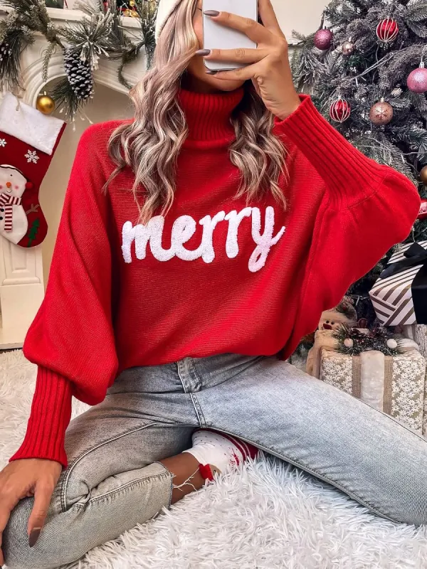 Merry Christmas Loose Bat Sleeve Turtle Neck Sweater sold by Allegra K