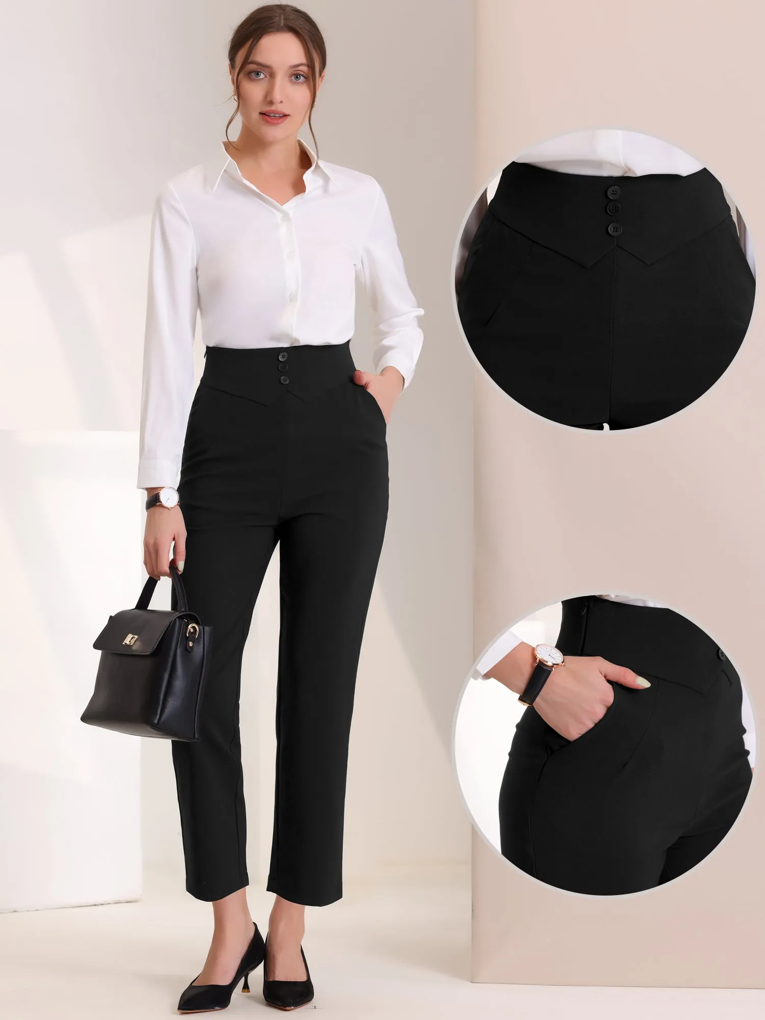 Elastic Waist Button Decor Straight Leg Work Business Pants sold by Allegra K product image thumbnail 2