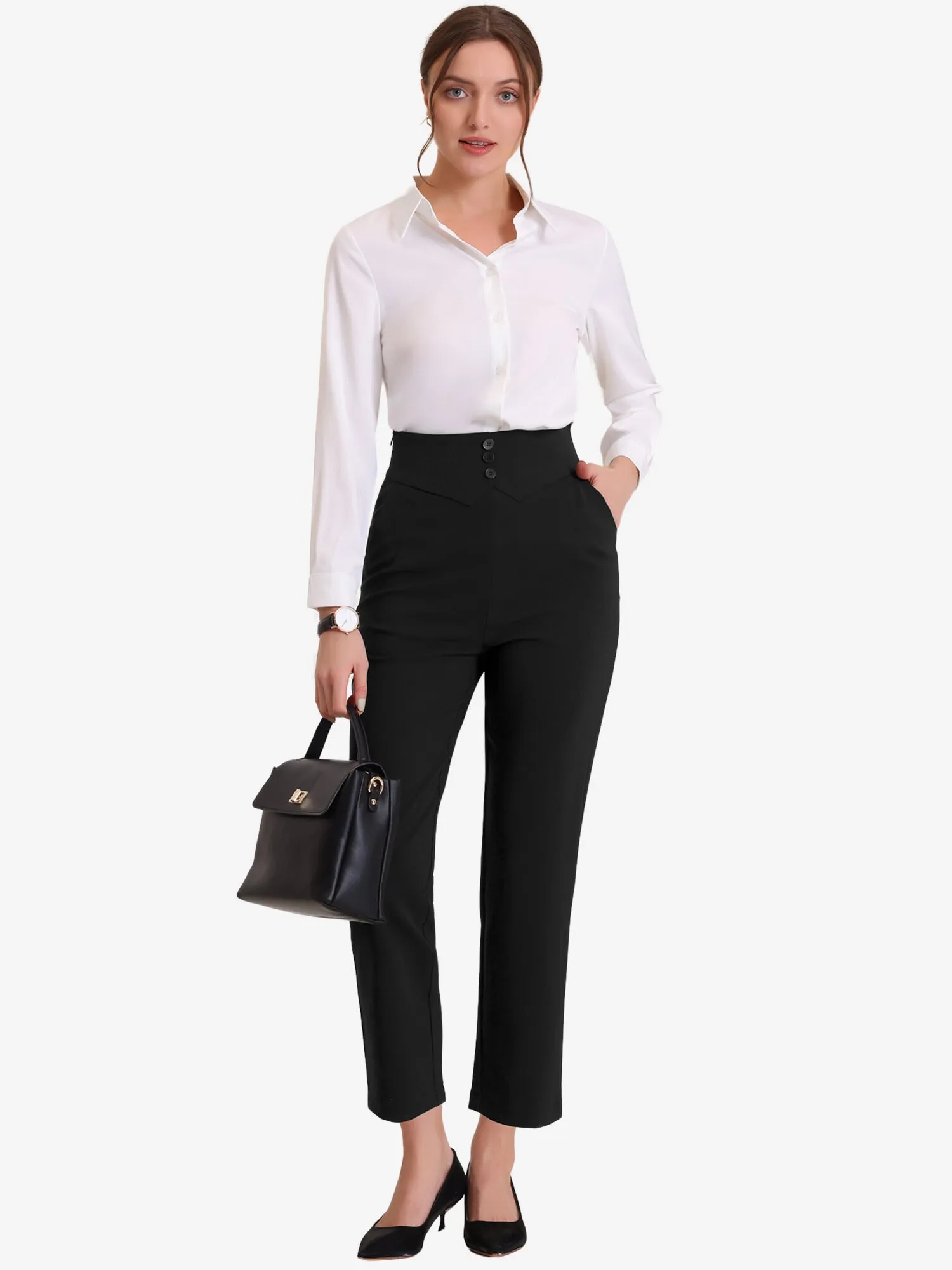 Elastic Waist Button Decor Straight Leg Work Business Pants sold by Allegra K