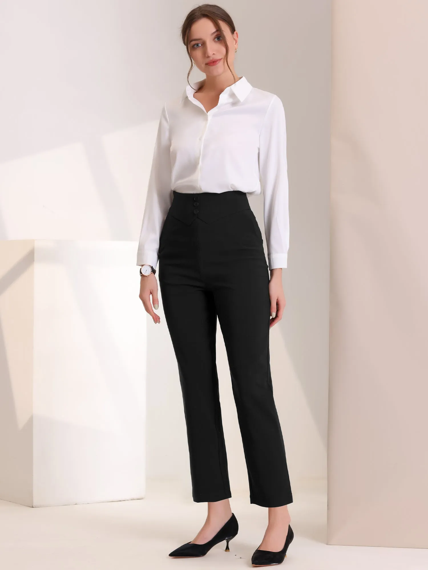 Elastic Waist Button Decor Straight Leg Work Business Pants sold by Allegra K product image thumbnail 3