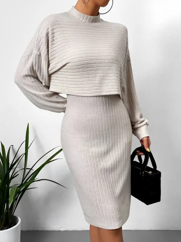 2 Pieces Sleeveless Midi Sheath Sweater Dress & Mock Neck Cropped Knit Top Set sold by Allegra K