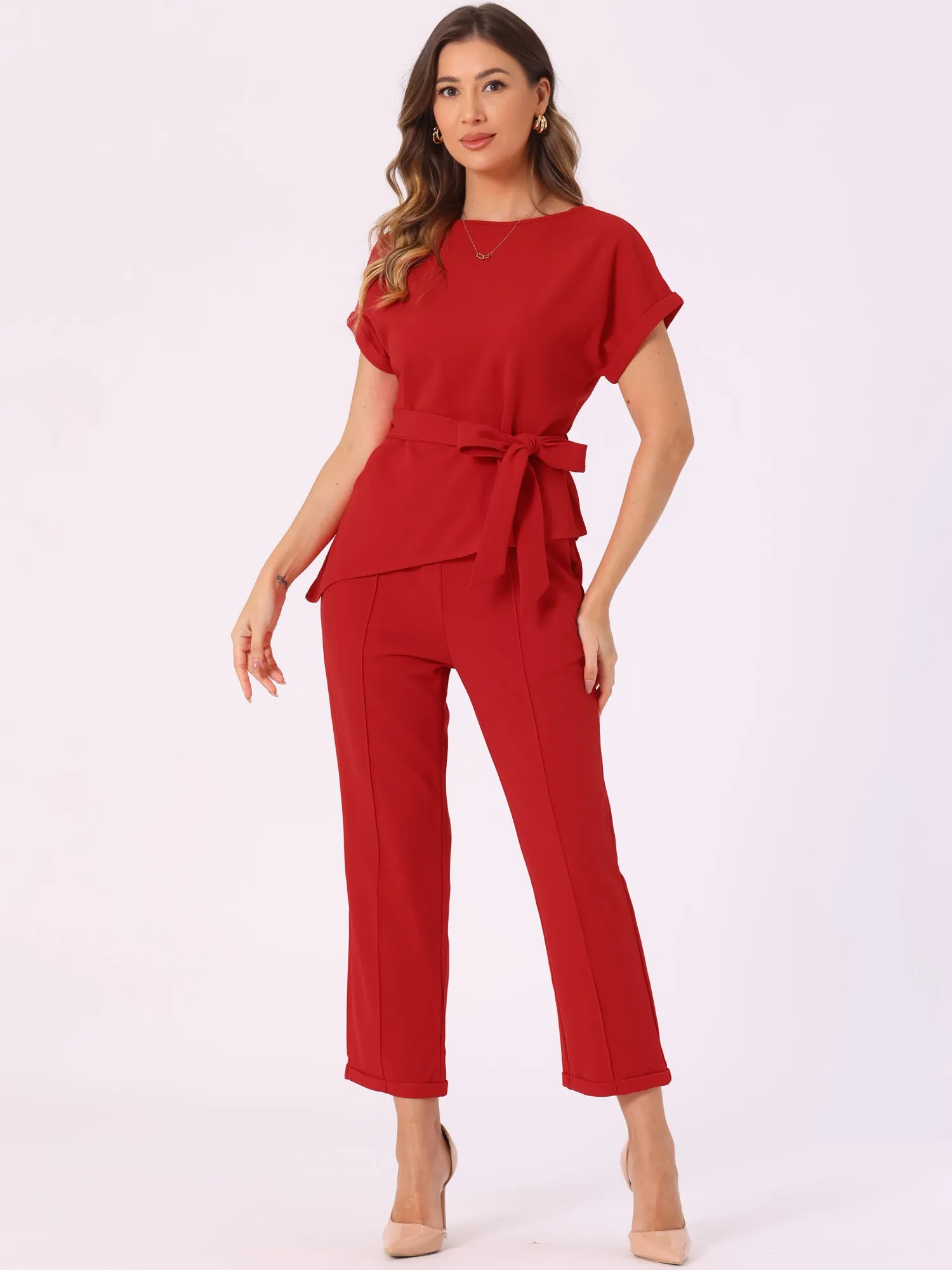 2 Piece Sets Round Neck Belted Asymmetry Tops & Elastic Waist Pants Set sold by Allegra K product image thumbnail 2