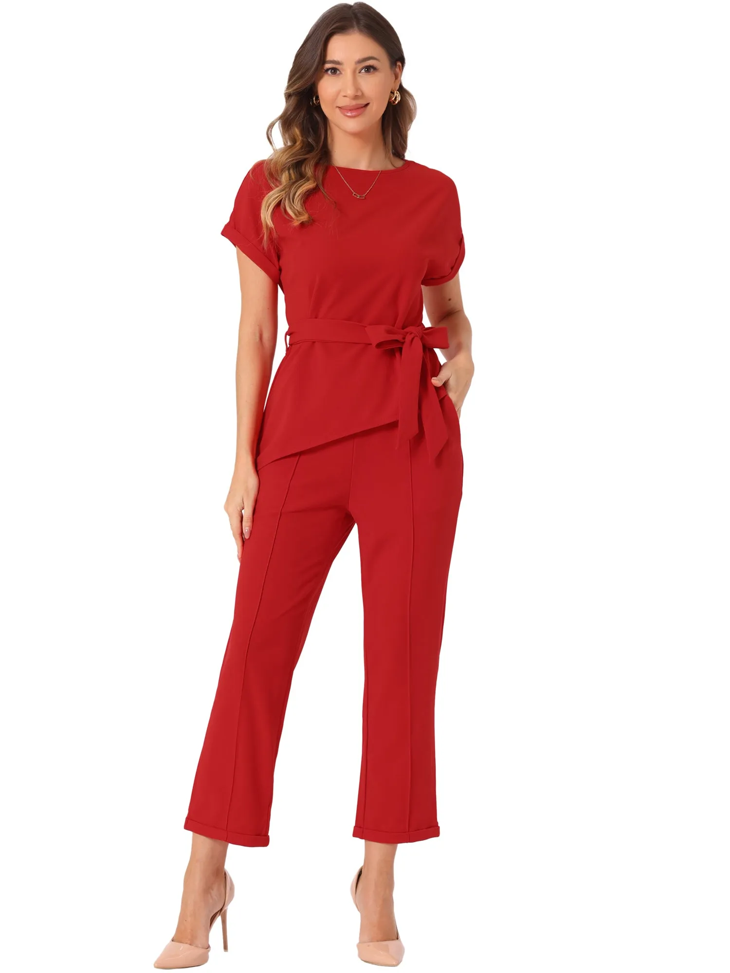 2 Piece Sets Round Neck Belted Asymmetry Tops & Elastic Waist Pants Set sold by Allegra K product image thumbnail 5