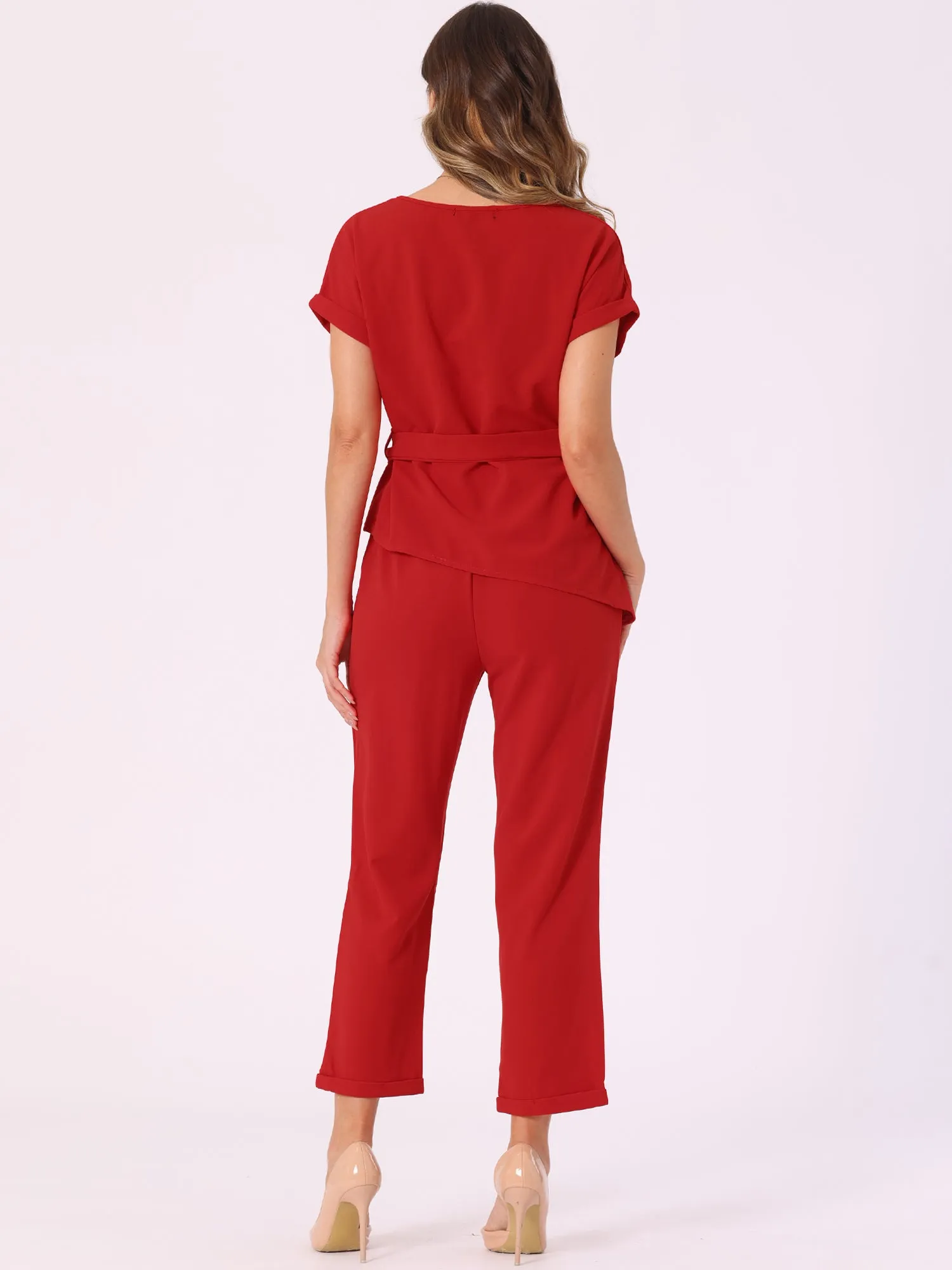 2 Piece Sets Round Neck Belted Asymmetry Tops & Elastic Waist Pants Set sold by Allegra K product image thumbnail 3