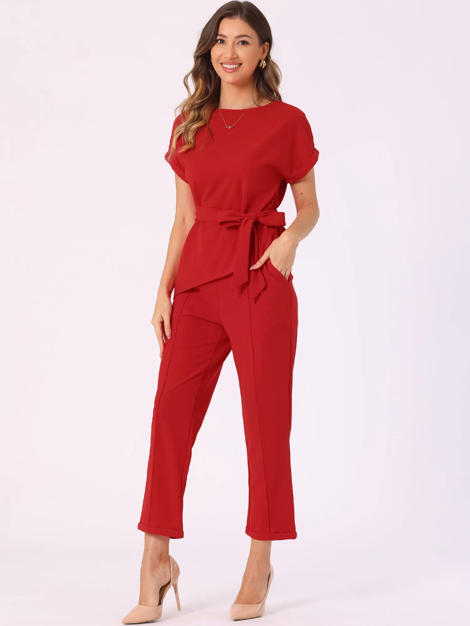 2 Piece Sets Round Neck Belted Asymmetry Tops & Elastic Waist Pants Set sold by Allegra K
