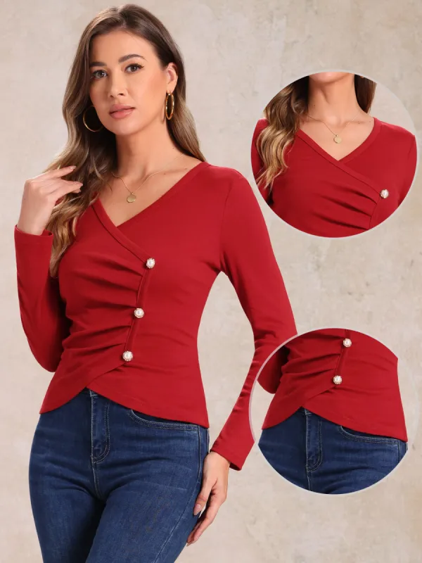 Long Sleeves Faux Pearl Buttons Decor Ruched Blouse sold by Allegra K
