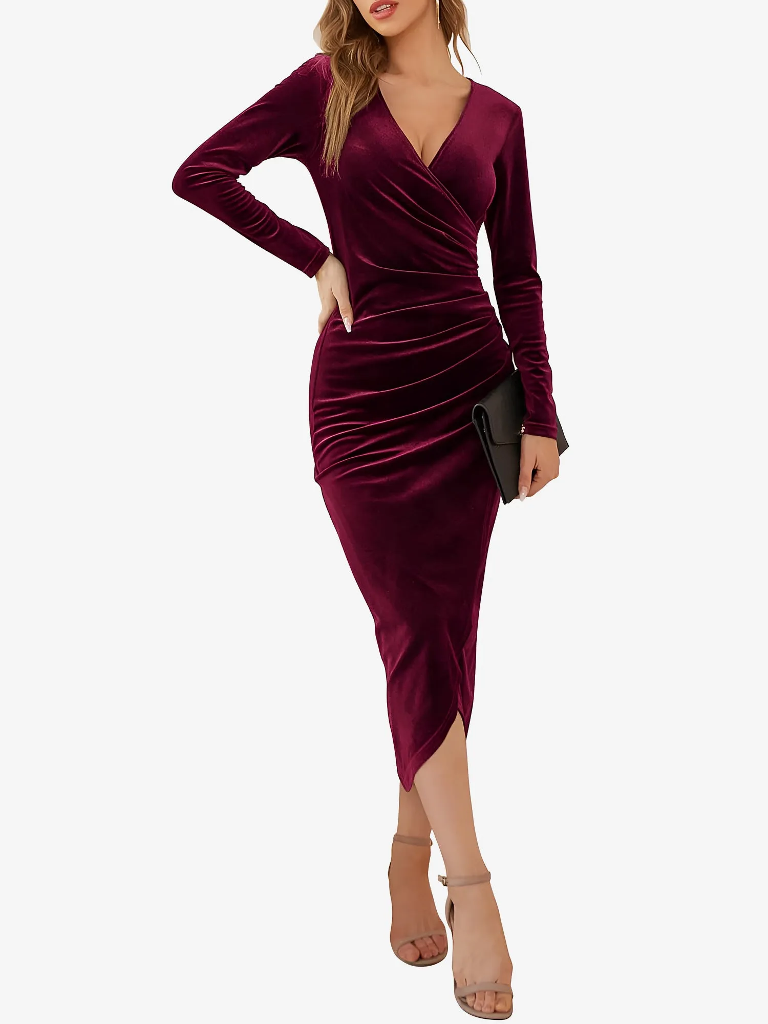 Solid Color Velvet Ruched Cocktail Midi Bodycon Dress sold by Allegra K product image thumbnail 3
