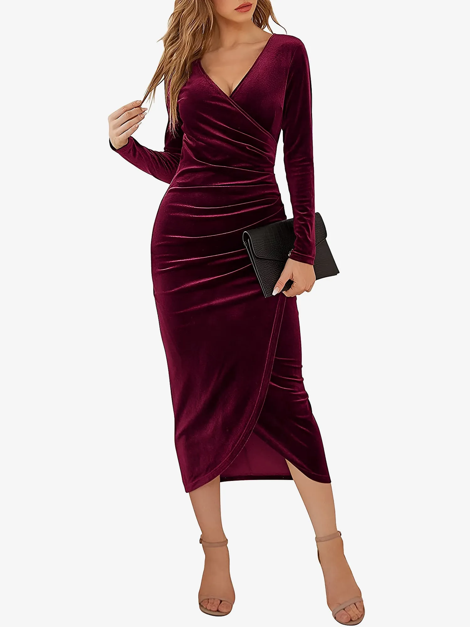 Solid Color Velvet Ruched Cocktail Midi Bodycon Dress sold by Allegra K product image thumbnail 2