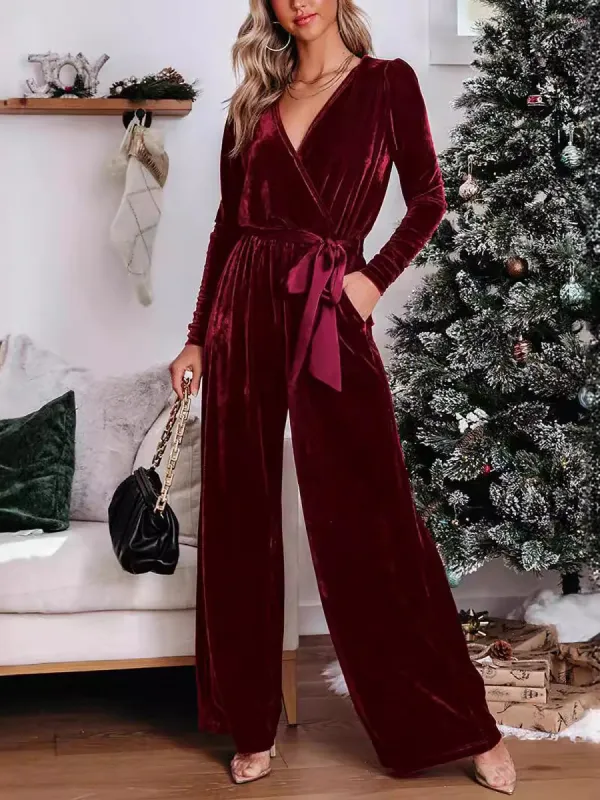 Solid Color Long Sleeves Velvet Belted Wide Leg Jumpsuits sold by Allegra K