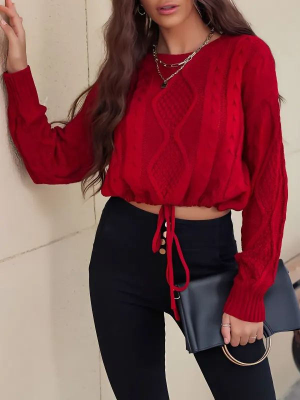 Twist Knit Long Sleeves Lace-Up Cropped Sweater sold by Allegra K