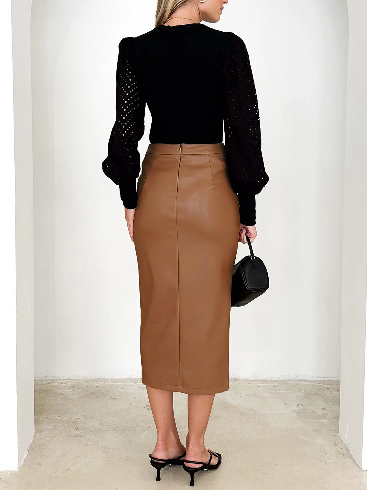 Faux Leather Ruched Split Midi Pencil Skirts sold by Allegra K product image thumbnail 4