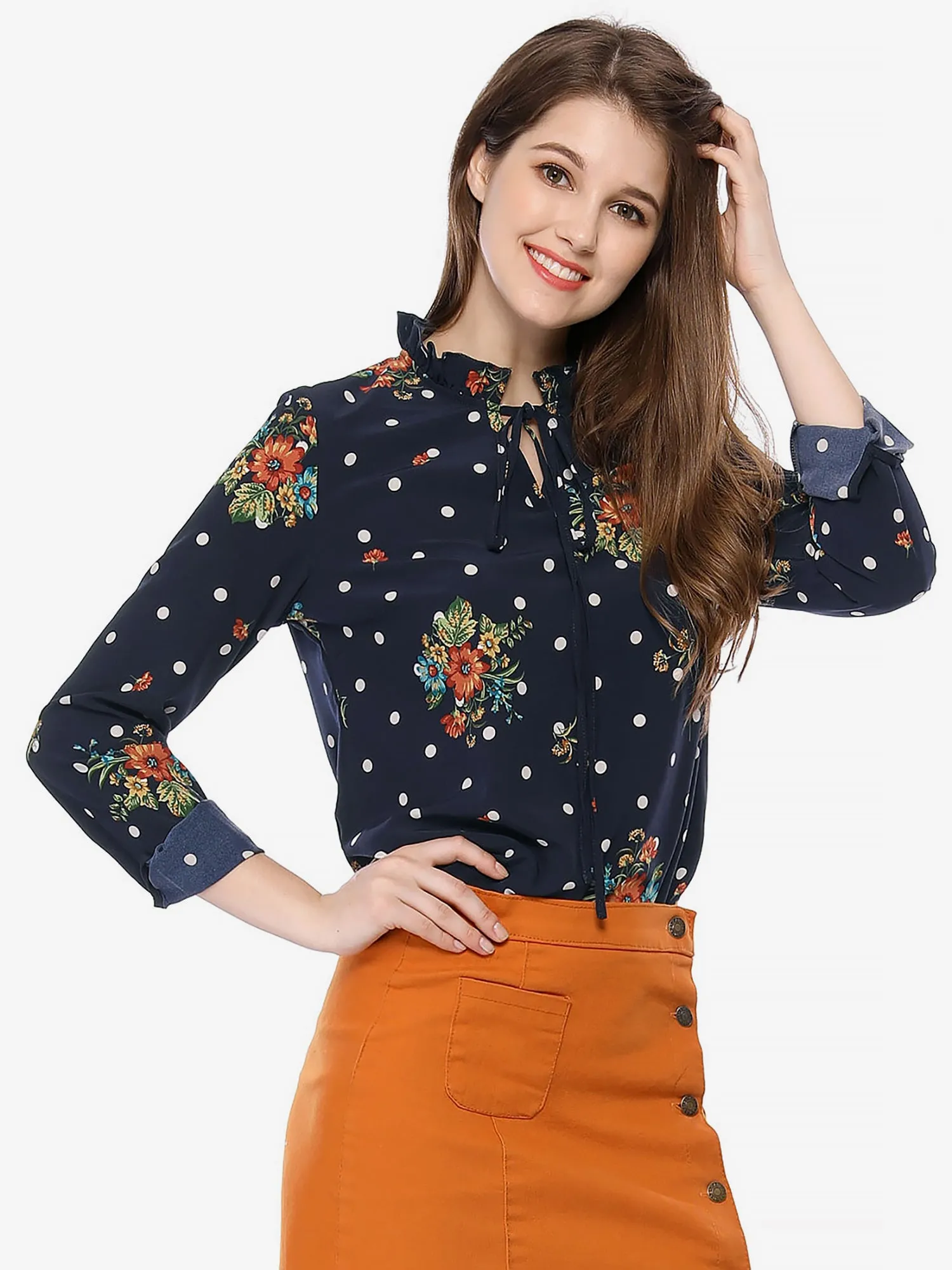 Ruffled Tie Neck Long Sleeve Floral Polka Dots Blouse Tops sold by Allegra K