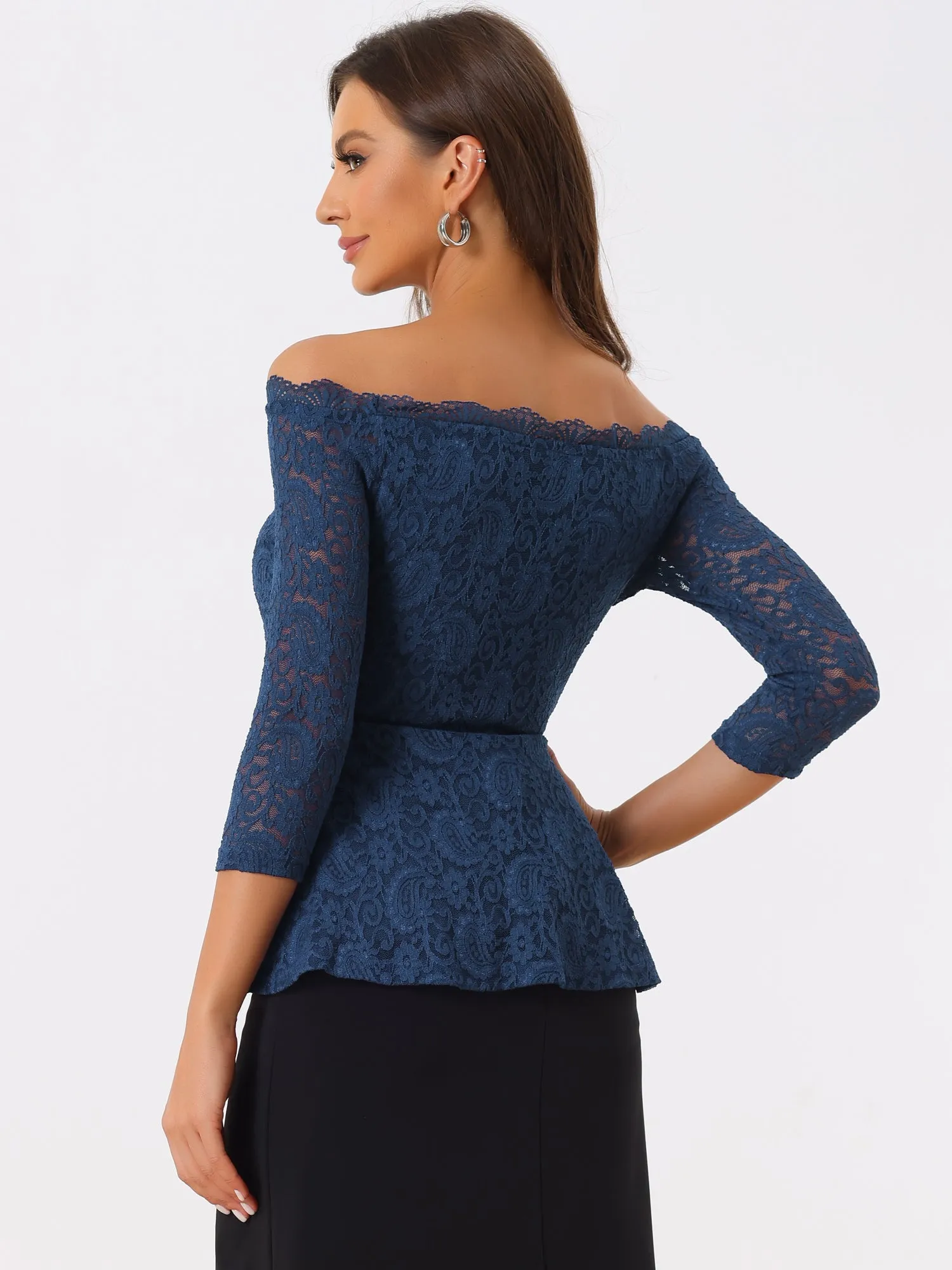 Elegant Lace Blouse Semi Sheer 3/4 Sleeve Off Shoulder Peplum Top sold by Allegra K product image thumbnail 4