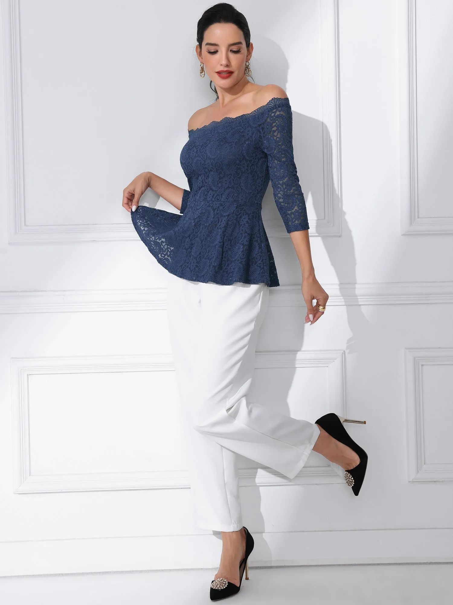 Elegant Lace Blouse Semi Sheer 3/4 Sleeve Off Shoulder Peplum Top sold by Allegra K product image thumbnail 2