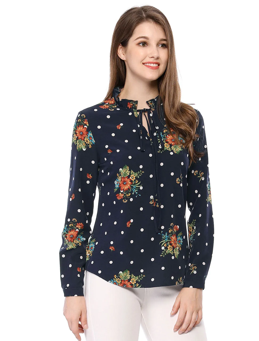 Ruffled Tie Neck Long Sleeve Floral Polka Dots Blouse Tops sold by Allegra K product image thumbnail 3