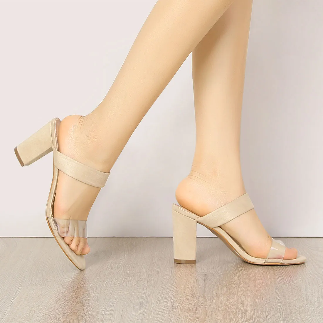 Open Toe Dual Clear Strap Block Heel Slides Mules Sandals sold by Allegra K product image thumbnail 3