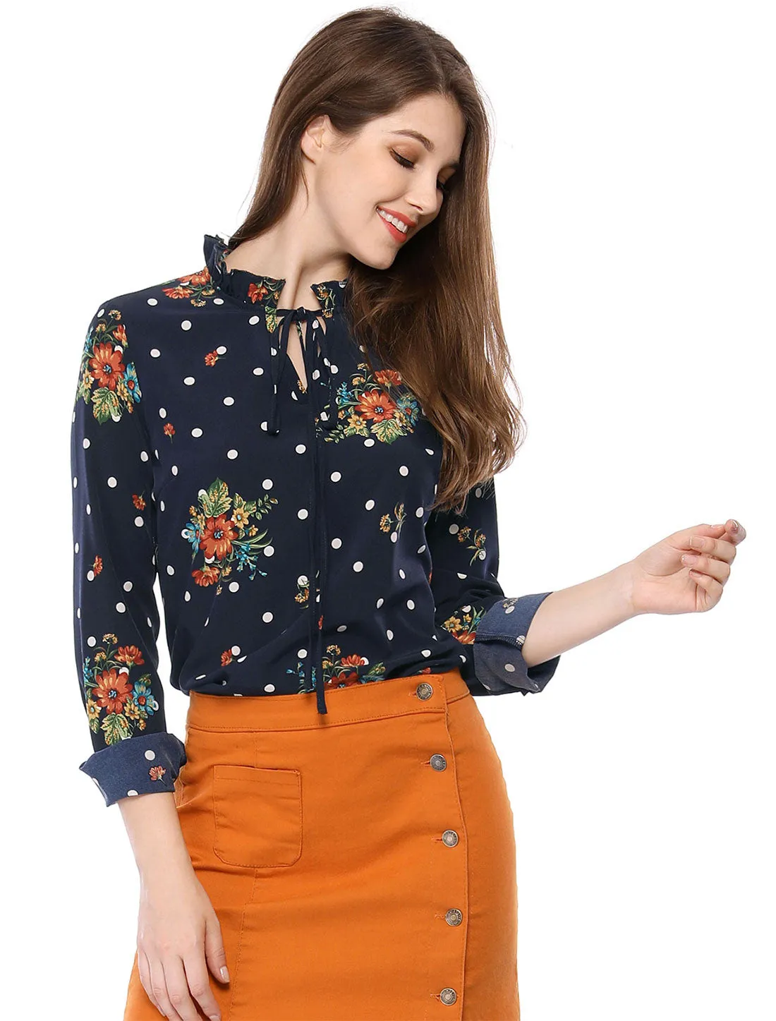 Ruffled Tie Neck Long Sleeve Floral Polka Dots Blouse Tops sold by Allegra K product image thumbnail 2