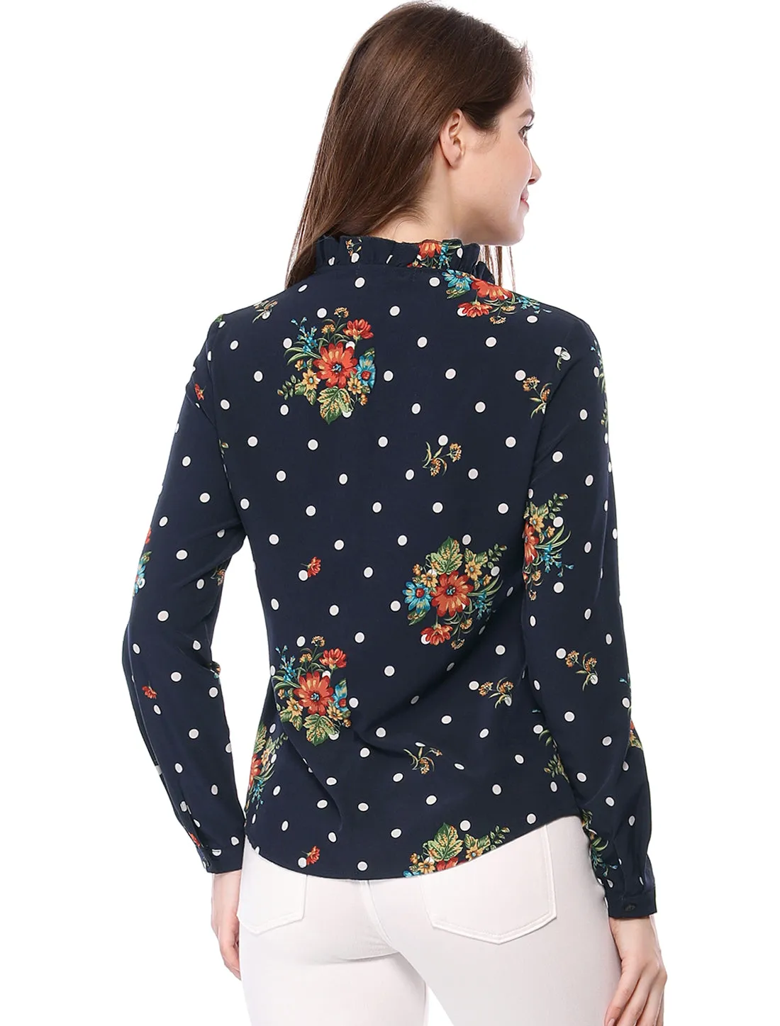 Ruffled Tie Neck Long Sleeve Floral Polka Dots Blouse Tops sold by Allegra K product image thumbnail 5