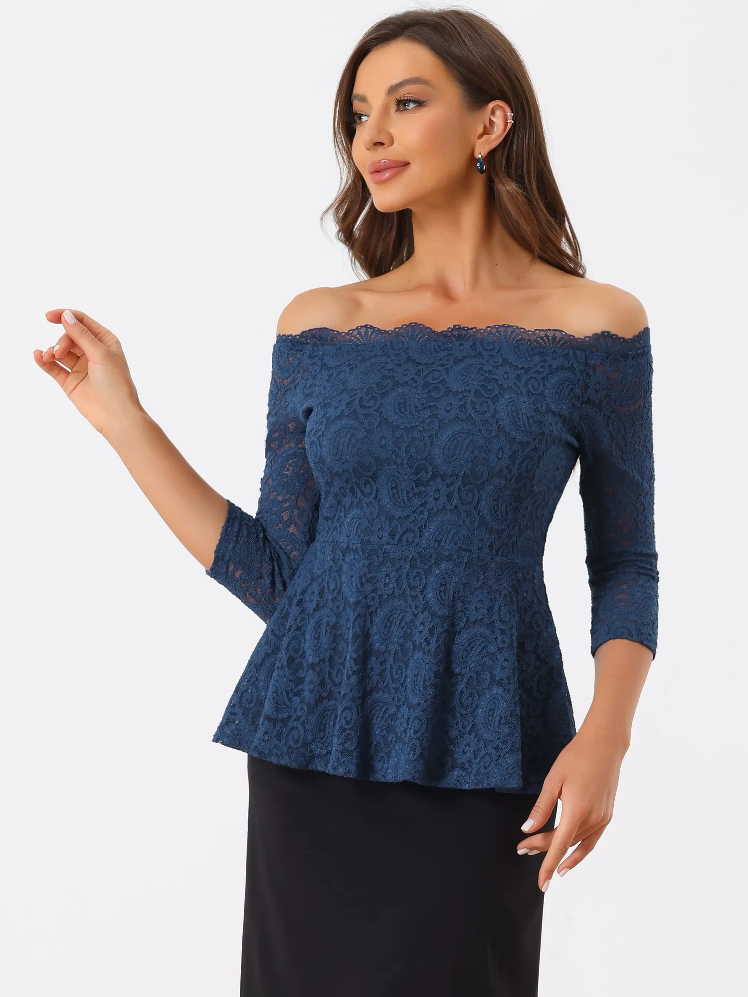 Elegant Lace Blouse Semi Sheer 3/4 Sleeve Off Shoulder Peplum Top sold by Allegra K product image thumbnail 5