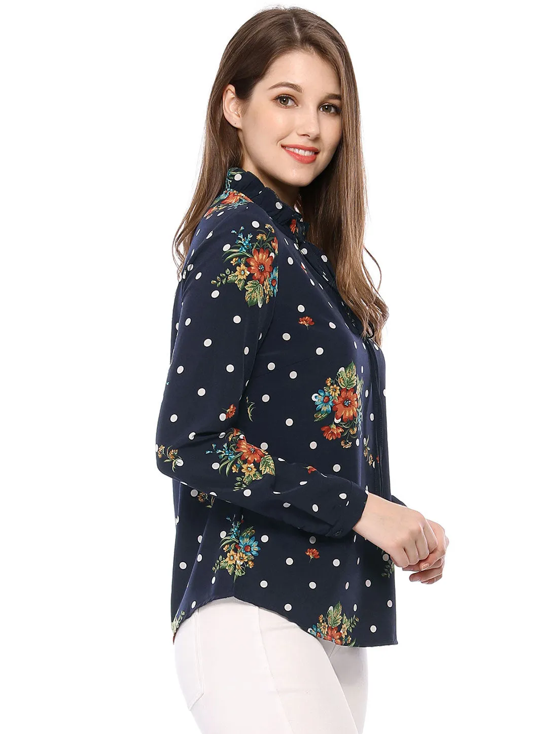 Ruffled Tie Neck Long Sleeve Floral Polka Dots Blouse Tops sold by Allegra K product image thumbnail 4